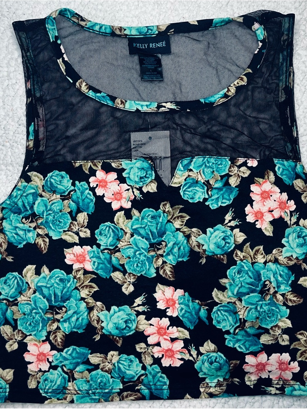 Black Floral Mesh Yoke Tank Top - Teal & Pink